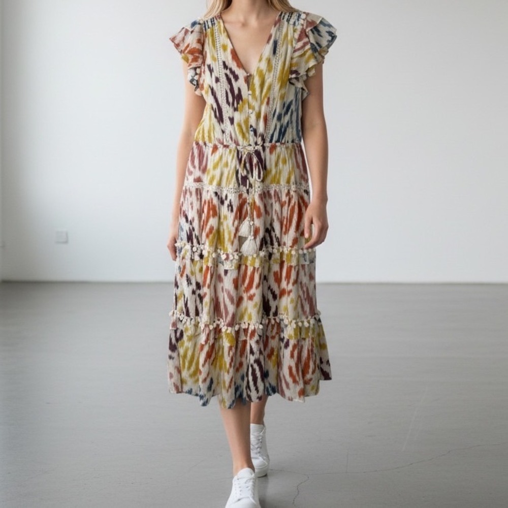 J. Crew Point Sur Midi Dress Pom Pom Flutter Sleeve Tiered Boho Resort Wear sz 4